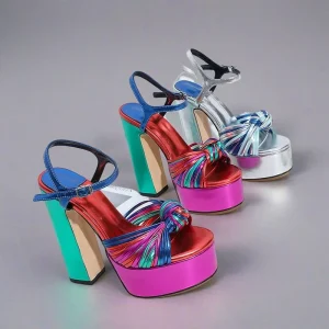 Ankle Peep Toe Chunky Heeled Sandals Party Dress Women Heel Shoes Colorful High Heel Platform Sandals