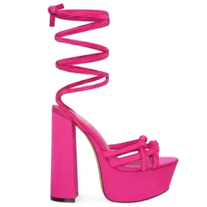 Anmairon Winter Hot Pink Satin Platform Cross Strap Block Heel Pointy Toe Women’s Sandals