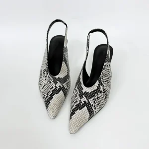 Ansu Autumn New Korean Style Women’s Slip On Genuine Leather Snake Print Pointed Toe Cat Heel Buckle Mule Shoes