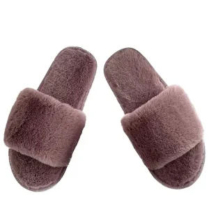 Anti Slippery Soft Open Toe Ladies Fuzzy Fluffy Warm Plush Indoor One Strap Different Colors Winter