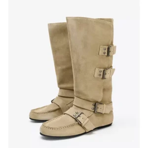Autumn Collection Women’s Knee-High Suede Buckles Boots Genuine Leather Lining Slip-On Closure Western Style Low Heel Toe