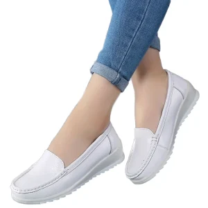 Autumn Four Season Comfortable Low Heeled Breathable White Cowhide Women’s Shoes Non Slip Soft Soled Work Casual Round Toe Nurse