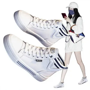 Autumn High Top White Sneakers Versatile Genuine Leather Skate Shoes Women’s Trendy Casual Sports Lace Up Breathable