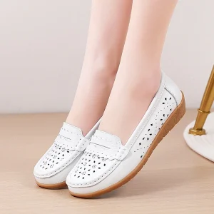 Autumn Hollow Genuine Leather Women’s Middle-Aged Elderly Loafers Slip-On Single Shoes Soft Sole Wedge Heels