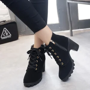 Autumn Korean Women’s Closed Toe Breathable Side Zipper High Heel Short Boots