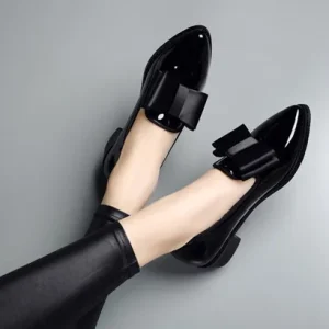 Autumn New Bow Korean Fashion Pointed Toe Women’s Small Leather Shoes Solid Work Low Heel Flat Plus Size Bright Leather