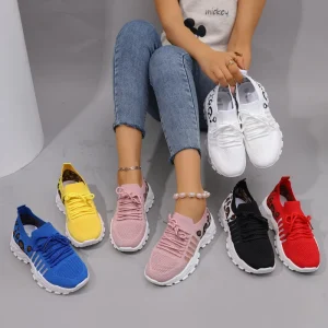 Autumn New Women’s Running Shoes Cross Border Plus Size Flying Weaving Sneaker With Leopard Print Breathable Single Shoes