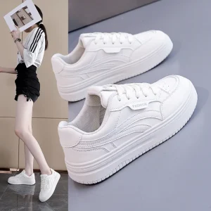 Autumn New Women’s White Leather Board Shoes Flat Heel Versatile Casual Sneakers Ins Hot for Petite Girls Daily Wear