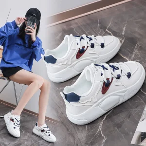Autumn White Women’s Korean Style Breathable Anti Slip Lace Up Height Increasing Sports Casual Sneakers Street Shooting