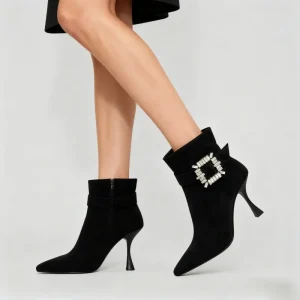 Autumn Winter Ankle Bootie Women’s Flannel Upper Boots Pointed Toe Thin 9cm Heel Diamond Rhinestone Buckle