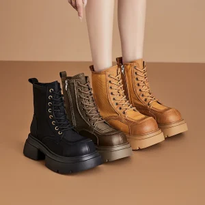 Autumn Winter British Style Retro Thick Bottom Leather Martin Boots Women’s Lace Up Thick Heel Short Boots