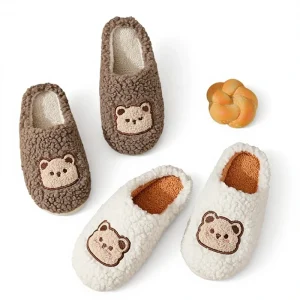 Autumn Winter Men’s Women’s Couple Warm Non slip TPR Outsole Cute Cartoon Bear Plush Lining Wear resistant Indoor