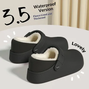 Autumn Winter Men’s and Women’s Waterproof Heel Wrapped Non Slip Thick Sole Fleece Lined Warm Indoor Outdoor Cotton Slippers