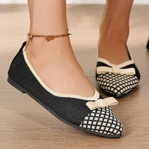 Autumn Winter New Women’s Breathable Knitted Shallow Top Flat Shoes Fashionable Bow Flat Shoes Suitable for All Seasons