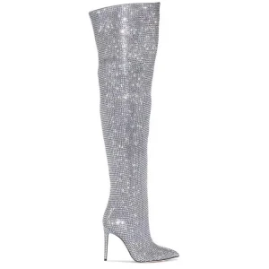 Autumn Winter Platform High Top Pointed Toe Over the Knee Boots with Rhinestones PU Upper Rubber Outsole