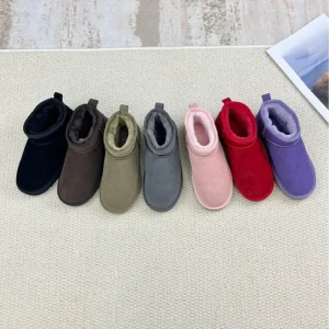Autumn Winter Snow Boots Flat Colorful Bevel Genuine Leather Fur Lining Fashion Ankle Outdoor Cold-Resistant Women’s