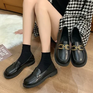 Autumn Winter Solid Chain Middle School Student’s Mother’s Flat Lazy Slip-On Loafers Women’s Shoes