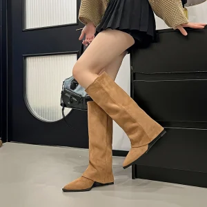 Autumn Winter Summer New Pointed Thick Heel Knee High Zip Rubber Outsole Leather Upper Height Increasing Women’s Boots 820 1