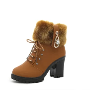 Autumn Winter Thick Heel Short Leg Women’s Boots with Side Zipper, Fashion High Heels, Snow Boots