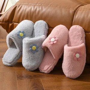 Autumn Winter Warm Soft Plush Slippers Flower Pattern Non-Slip Fluffy Indoor House Shoes Women’s Home Slippers