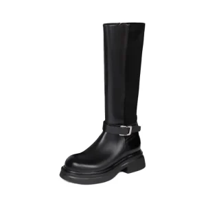 Autumn Winter Women’s Brown Mid Heel Knee High Round Toe Slip On Closure Height Increase Belt Buckle Legging Boots