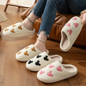 Autumn Winter Women’s Embroidered Cotton Indoor Slippers with Fur Style TPR Outsole Non-Slip Soft Bottom Warm Towel Design
