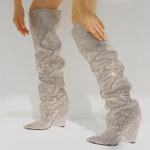 Autumn Winter Women’s Luxury High Boots Silver Full Rhinestone Wide Shaft Pointed Toe Crystal Knee High Boots