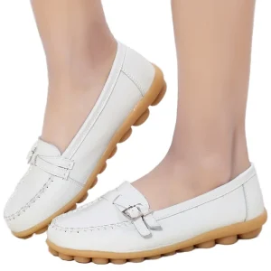 Autumn Winter Women’s Nurse Flats Casual Cowhide Loafers Anti Slip Height Increasing White Color Middle Aged Elderly Mom