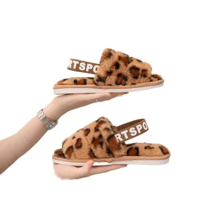 Autumn Winter Women’s Plush Slippers Fur Cross Border Flat Anti Slip Warm Elastic Open Cotton Slippers
