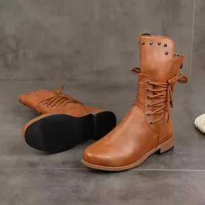 Autumn/Winter Women’s Western Thermal Flat Mid-Calf Ankle Boots Solid Color Lace-Up Closure Cotton Lining High Heel Anti-Odor
