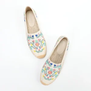 Autumn Women’s Beige Canvas Espadrilles Floral Embroidery Slip On Loafers Closed Toe Cotton Lining Anti Slippery