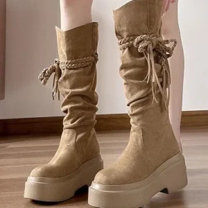 Autumn Women’s Egyptian Leisure Boots Buckle Thick Middle Heel Waterproof Non Slip Microfiber Upper Cotton Lining Ergonomic