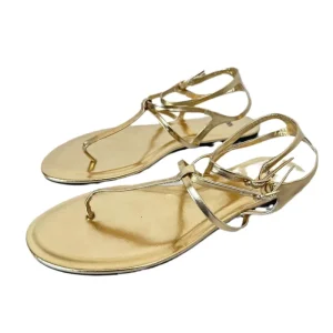 Autumn Women’s Gold PU Leather Flat Sandals Strappy Thong Flip Flops Lace-up Closure Solid Pattern Design Rubber