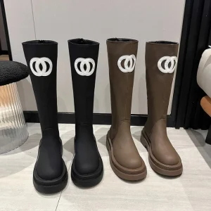 Autumn Women’s High-top Casual Style Solid Color Long Boots Medium Chunky Heel Back Zipper Thick-soled Non-slip Breathable