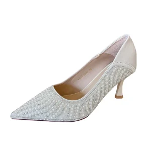 Autumn Women’s Mary Jane Bride Dress Shoes Spring Summer Winter High-Heeled Silver Glittering Pearl Crystal Rhinestones Design