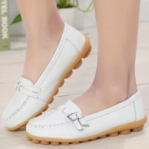 Autumn Women’s Nurse Flats Casual Loafers Buckle Strap TPR Outsole Height Increasing White Color