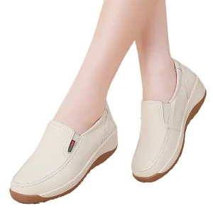 Autumn Women’s Small Leather Shoes Casual Platform Slip On Loafers with Single Wedge Heel Mom Style Soft Sole Thick so
