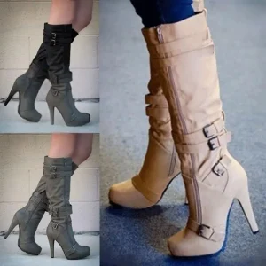 Autumn and Winter Comfortable Women’s Fashion Middle Boots with Belt Buckle Thick Outsole and Solid Casual Shoes for Women