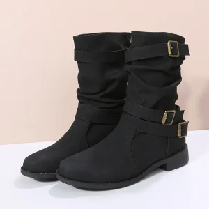 Autumn and Winter Medium Boots for Women New Large Size Cigarette Ankle & Bootie with Round Head Flat Bottom