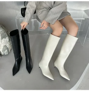 Autumn and Winter New Fashion Wide Boots Korean Version Pointy Sleeve High Boots Soft Leather Cat Heel Boots