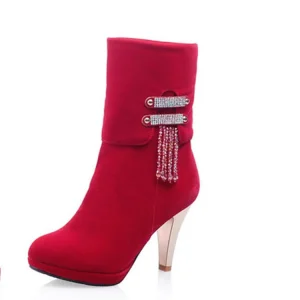 Autumn and Winter New Women’s Boots High Heel Short Boots Beaded Tassel Boots Red Wedding Shoes Bride Shoes