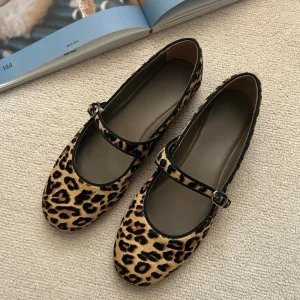 Autumn and Winter Ultra Soft Sole Leopard Print Mary Jane Single Shoe Women’s Ballet Style Flat Bottom Straight Buckle