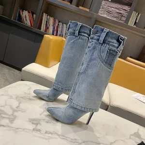 Autumn and Winter Women’s European American Denim High Heel Boots Slip On High Tube Stretch with Pointed Toe Boots