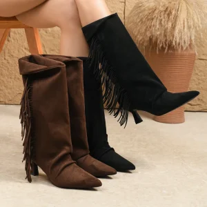 Autumn and Winter Women’s Knee High Boots Pointed Tassel Mid Calf Boots Elegant and Versatile 6.5cm Stiletto Boots