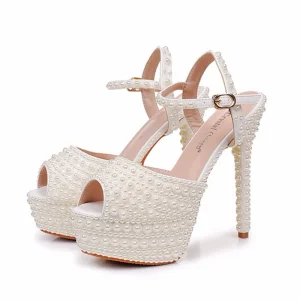 BS057 Summer Fish Mouth Pearl Waterproof Platform 14cm Thin Heel Wedding Shoes Banquet Dress Large Size High Heeled Women Shoe