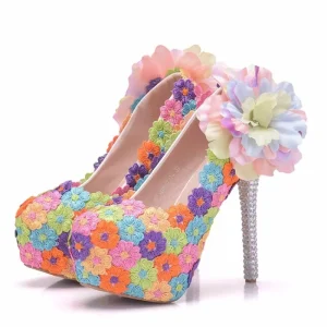 BS063 Women’s Banquet Shoes 14cm Ethnic Style Fine Heel Waterproof Platform Shoes Lace Flowers Activities Stage Shoes