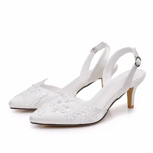 BS078 6cm Heels White Wedding Shoes for Women Floral Pointed Toe Sandals Elegant Ankle Buckle Women’s Bridal Shoes Size35