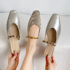 Backless Square Toe Slip On Baotou Mules Closed Toe Women’s Outdoor Summer Fashionable Chunky Heel Rubber Outsole Metal