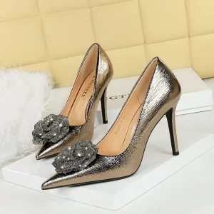 Banquet High Heels Women’s Shoes Slim Heels Super High Heels Shallow Mouth Pointed Rhinestone Flower Single Shoes Women