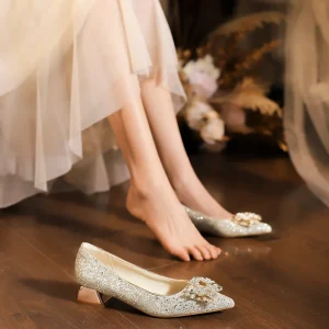 Banquet Women’s Shoes Low Heel Shoes Thick Heel Shallow Mouth Pointed Bow Shoes Wedding Shoes